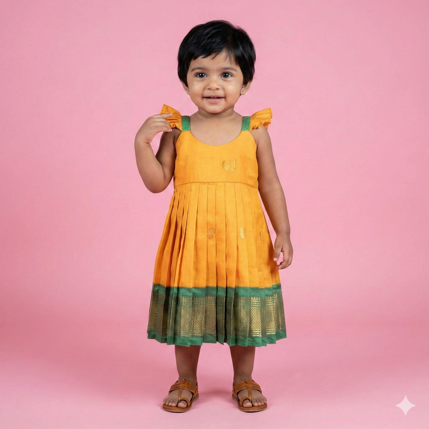 Yellow And Green Semi Paithani Frock