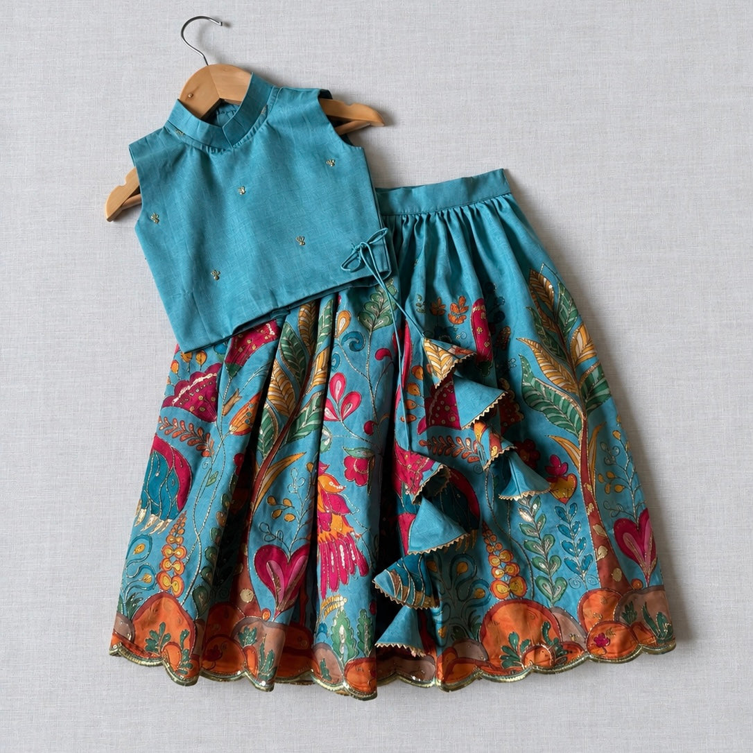 Sky Blue Kalamkari Position Print Lehenga Choli