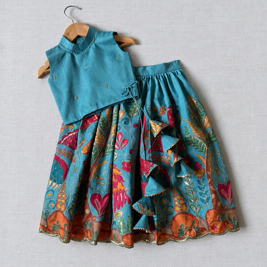 Sky Blue Kalamkari Position Print Lehenga Choli