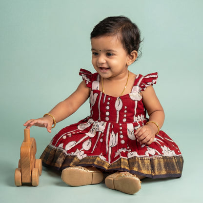 Dark maroon with white floral Kalamkari print frock