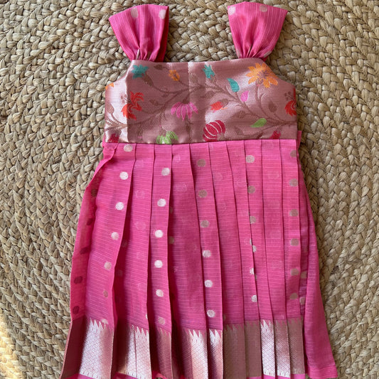 Blush Pink Kota Frock with Multicolour Flower Yoke .