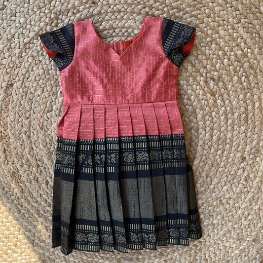 Peach Pink Raw Silk Knee Length Frock