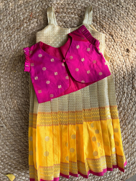 Off white with Antique Gold Tissue Frock and Rani Pink Jacket