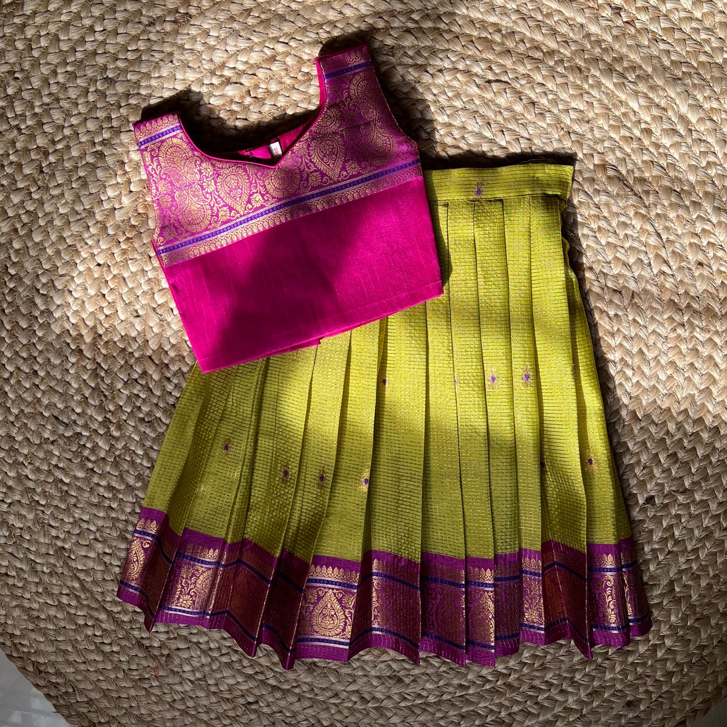 Parrot Green and Rani Pink Kanchi Silk Lehanga Set