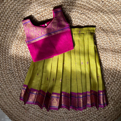 Parrot Green and Rani Pink Kanchi Silk Lehanga Set