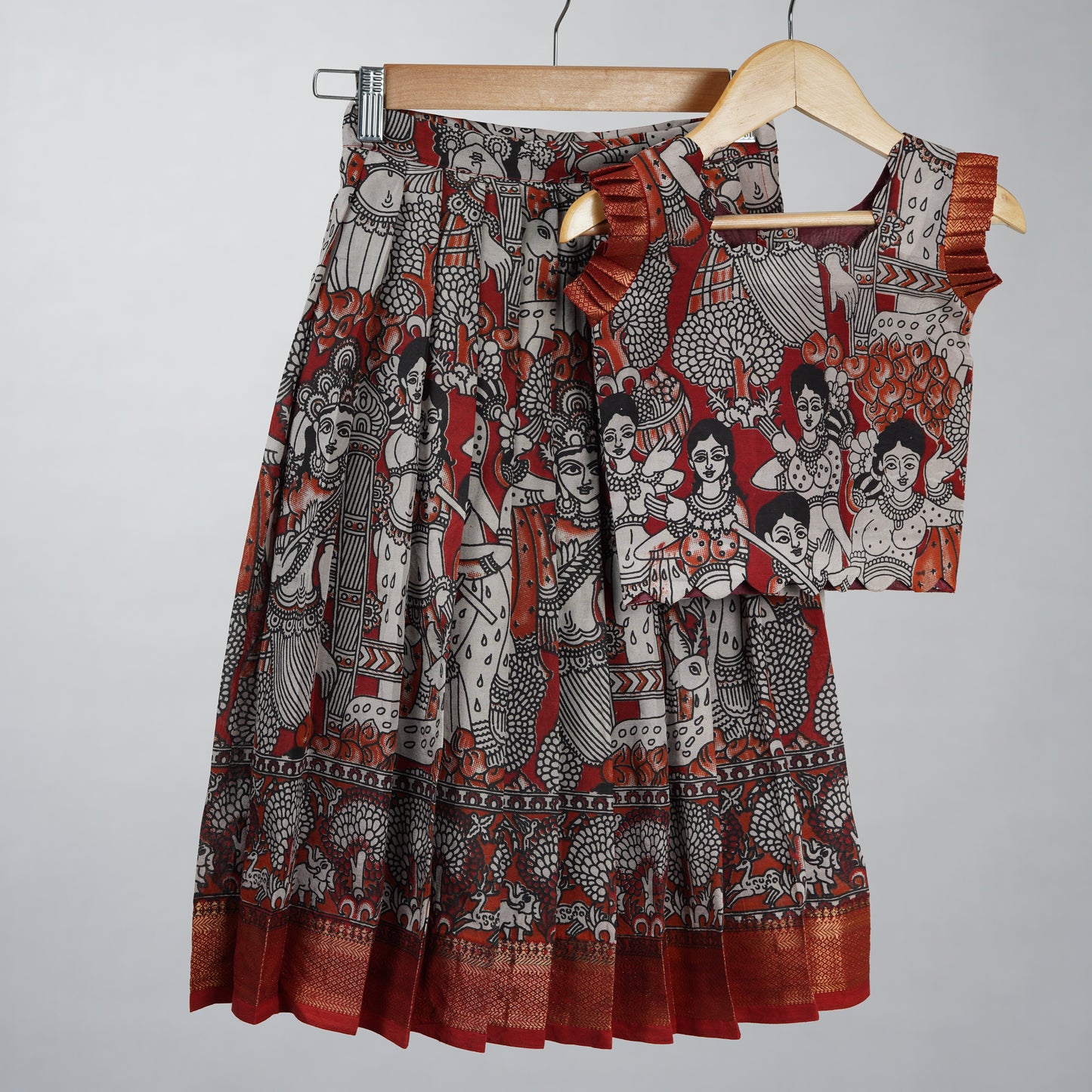 Rust Maroon Kalamkari Lehenga Set in Chennur Silk with Nizam Border