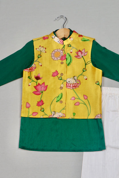 Yellow Pichwai Jacket Set with Green Kurta
