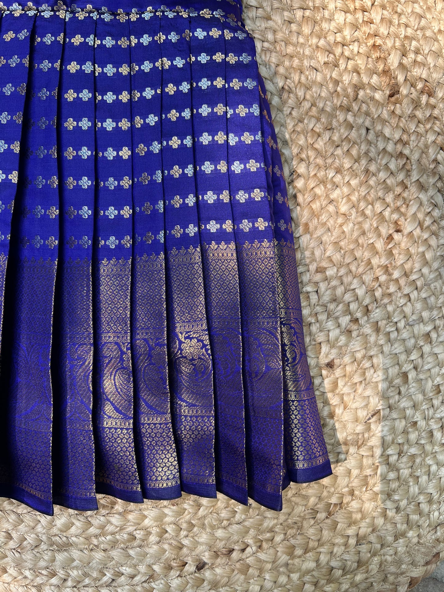 Royal Blue Benarasi Silk Scallop Shoulder Pleated Frock
