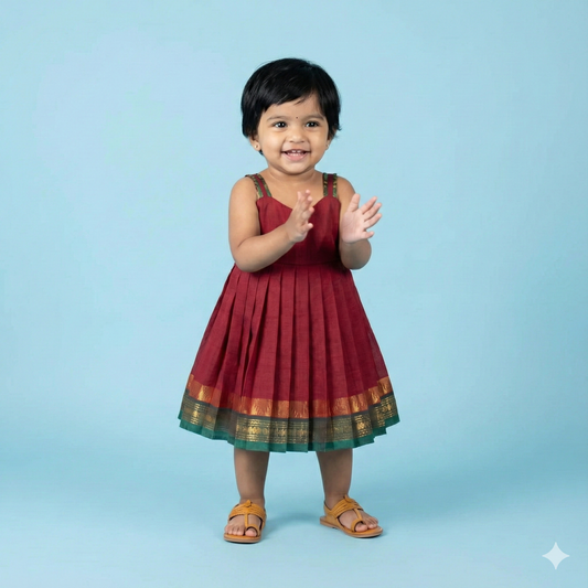 Maroon And Green Kanchi Cotton Frock