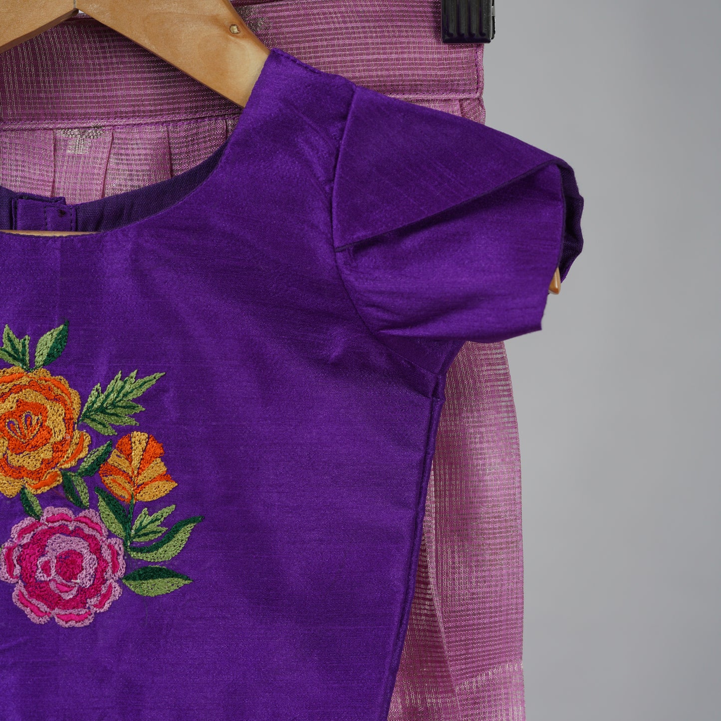 Rose Pink and Lavender Zari Kota Festive Lehenga with Embroidered Blouse