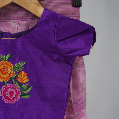 Rose Pink and Lavender Zari Kota Festive Lehenga with Embroidered Blouse