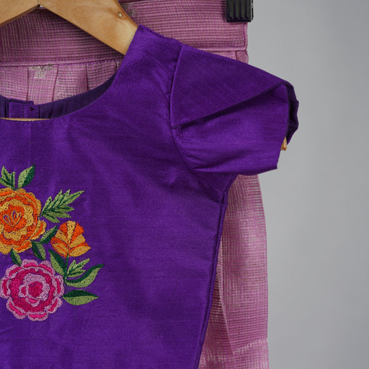 Rose Pink and Lavender Zari Kota Festive Lehenga with Embroidered Blouse