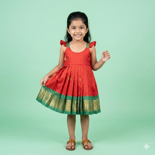 Red and Green Semi Paithani Frock