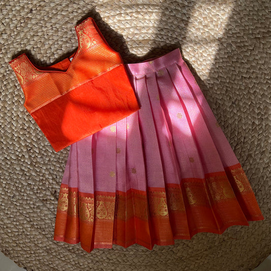 Baby Pink and Orange Kanchi Silk Lehanga Set