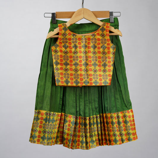 Yellow and Mehendi Green Festive Patola Silk Lehenga