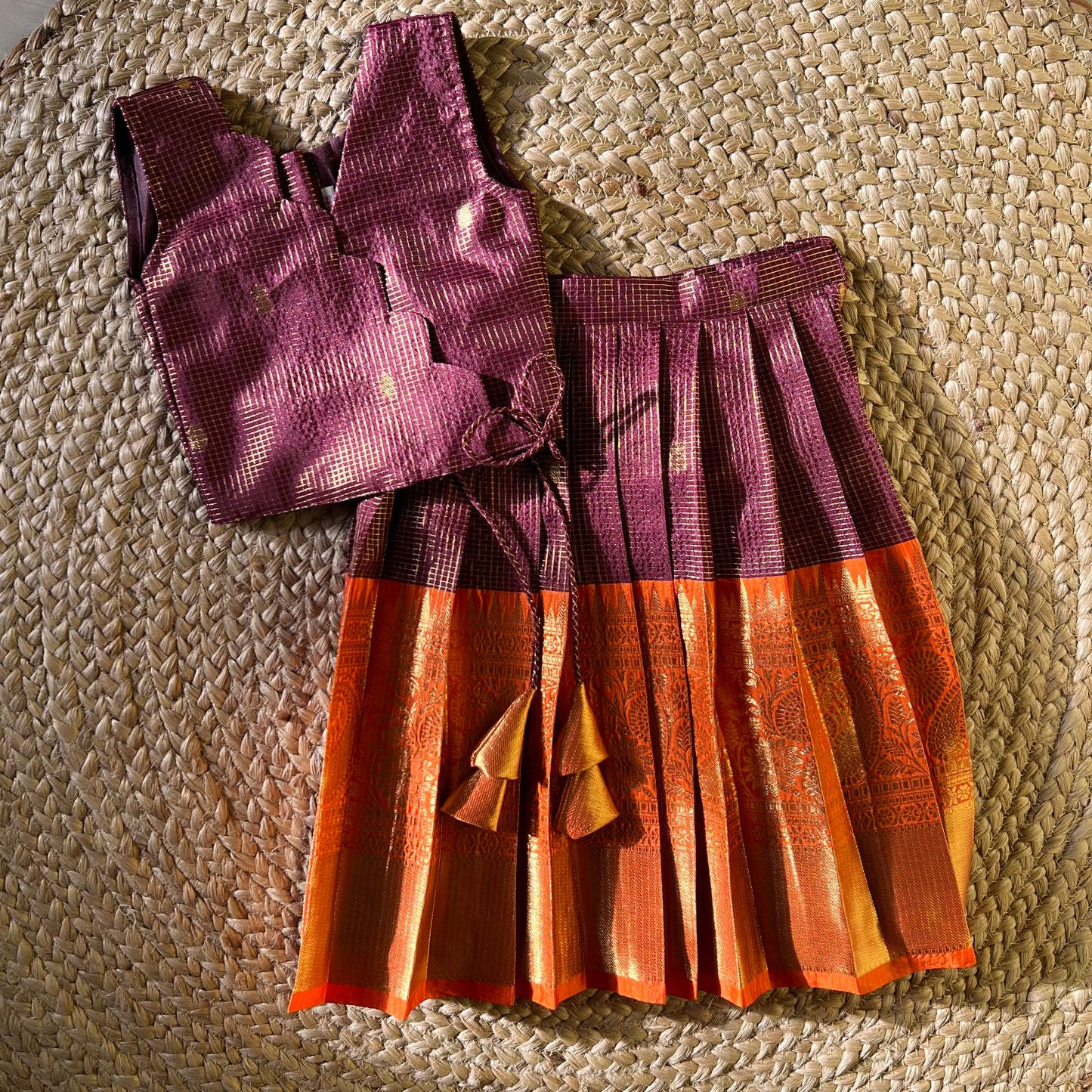 Traditional Wine & Orange Scallop Tissue Lehanga Set