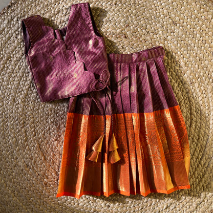 Traditional Wine & Orange Scallop Tissue Lehanga Set