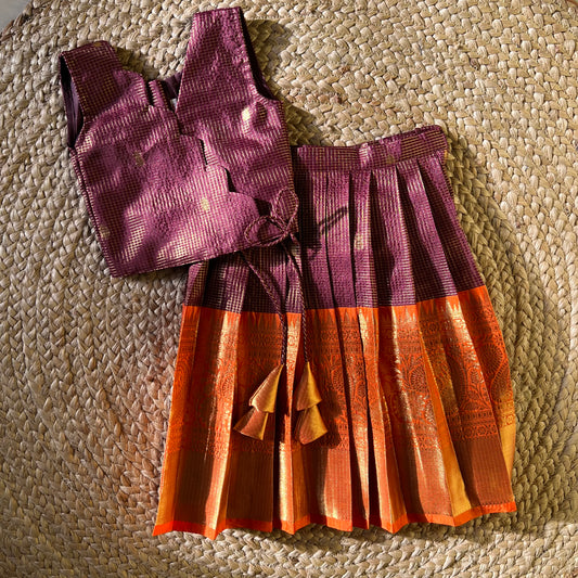 Traditional Wine & Orange Scallop Tissue Lehanga Set