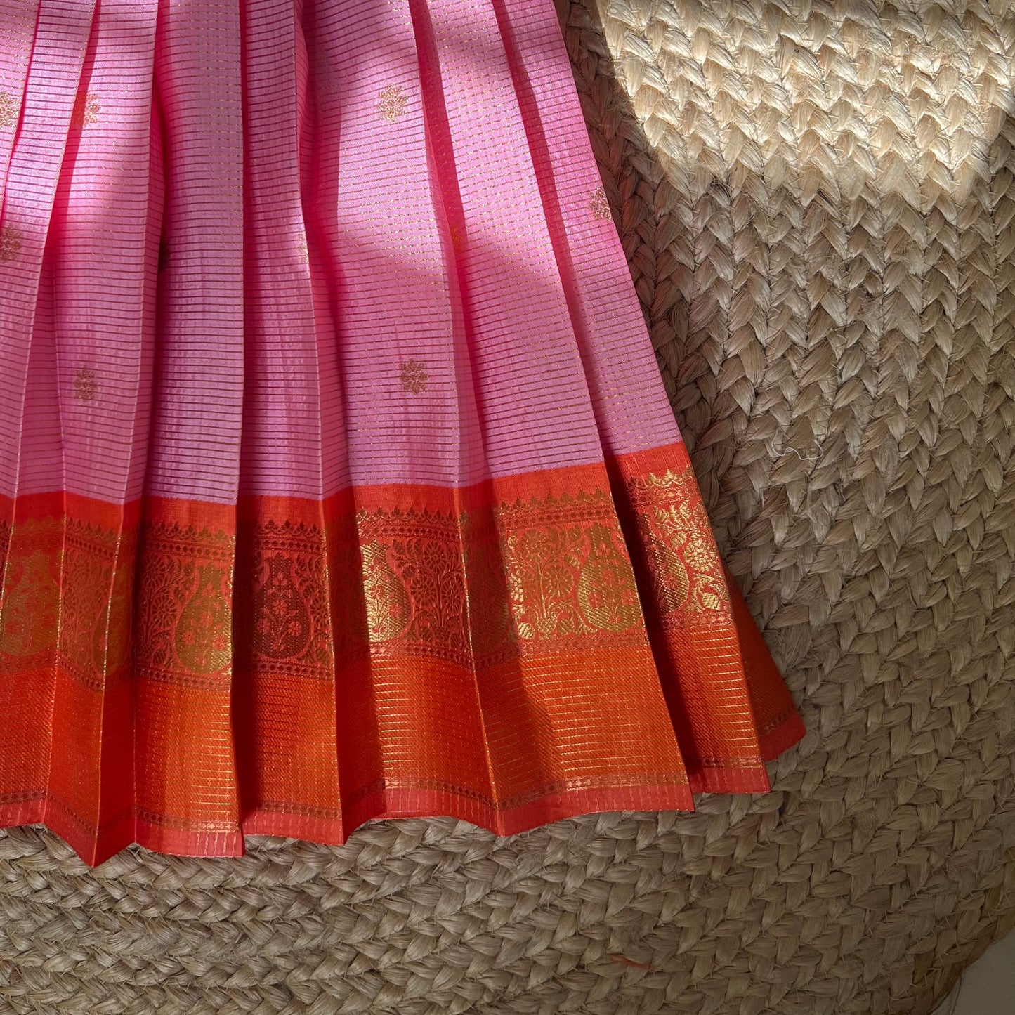 Baby Pink and Orange Kanchi Silk Lehanga Set