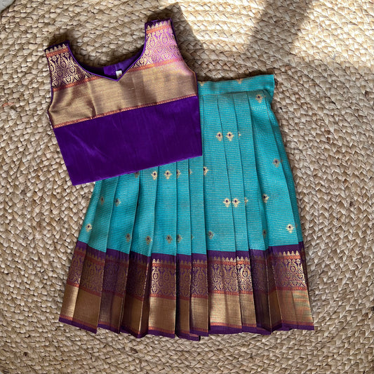 Aqua Blue and Purple Kanchi Silk Lehanga Set