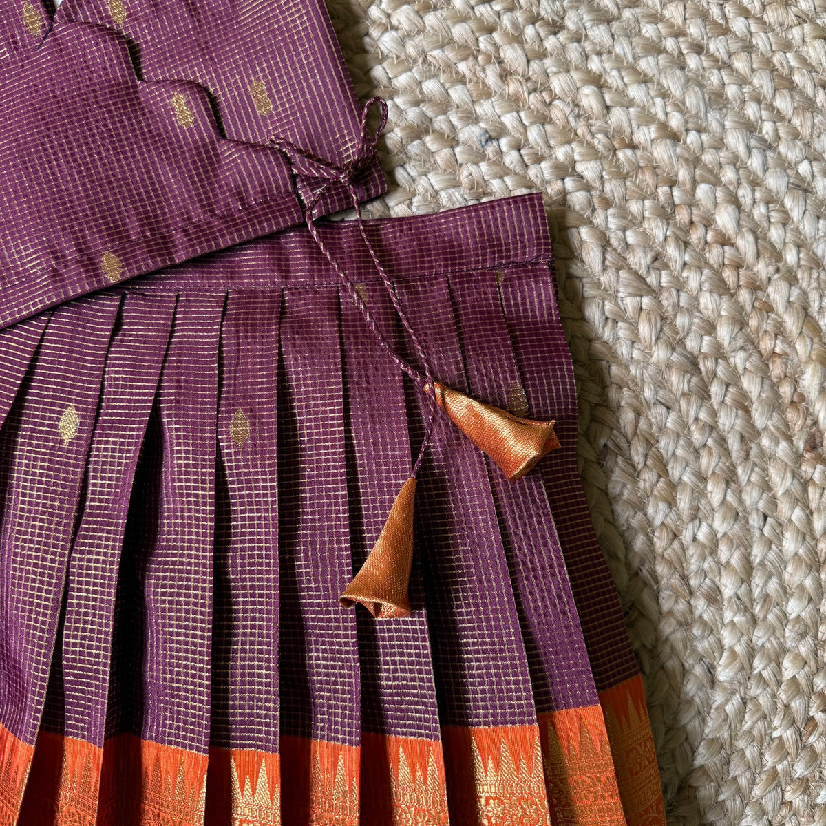 Traditional Maroon & Orange Scallop Tissue Lehanga Set