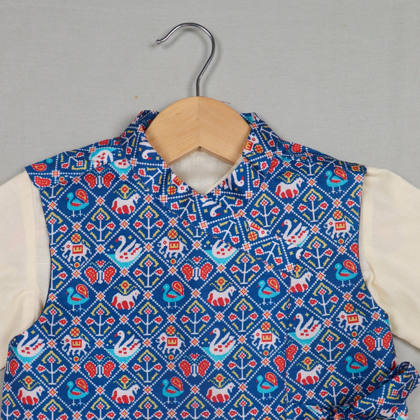 Cream Kurta With Blue Patola Tie-Up Jacket