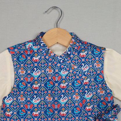 Cream Kurta With Blue Patola Tie-Up Jacket