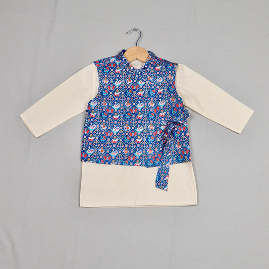 Cream Kurta With Blue Patola Tie-Up Jacket