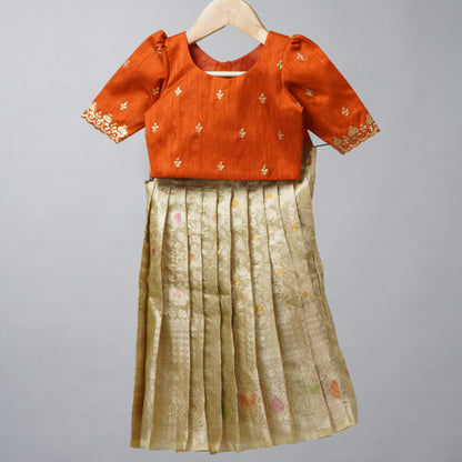 Gold Tissue and Orange Raw silk Lehenga Set