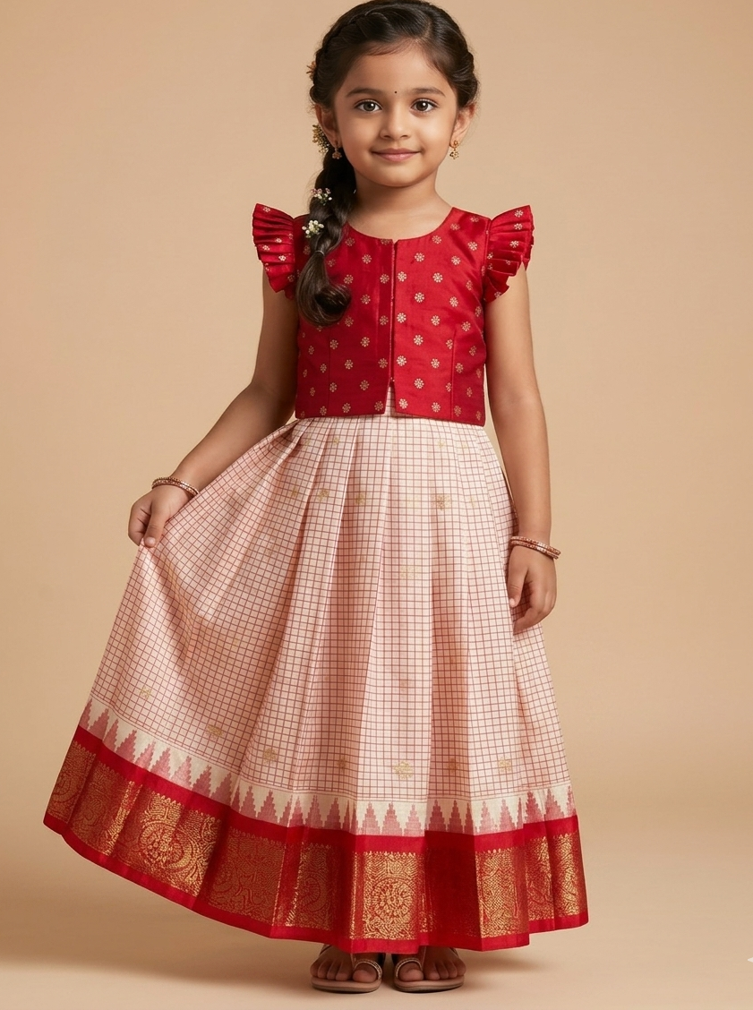 Ivory White & Crimson Red Gadwal Checks Lehenga Set