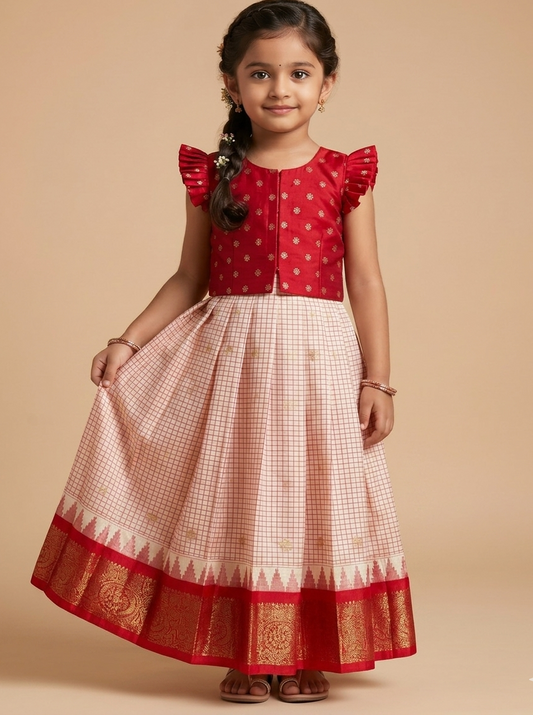 Ivory White & Crimson Red Gadwal Checks Lehenga Set