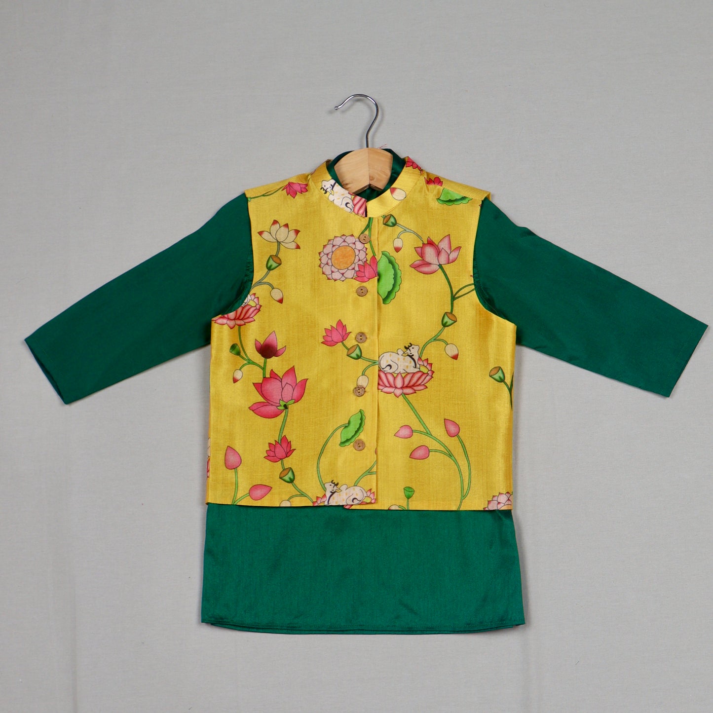 Yellow Pichwai Jacket Set with Green Kurta