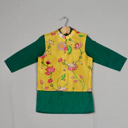 Yellow Pichwai Jacket Set with Green Kurta
