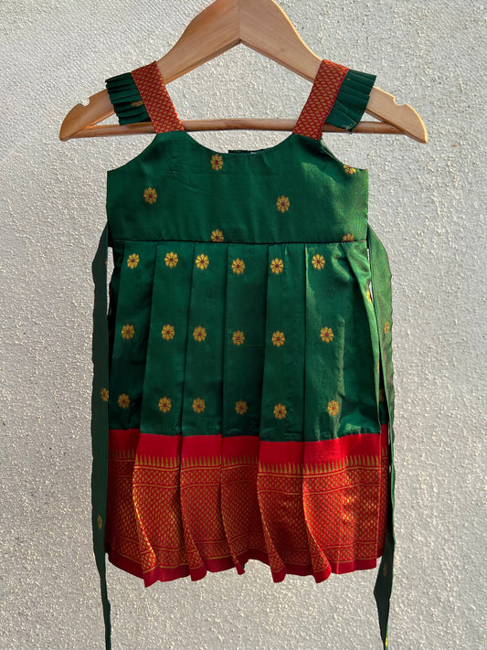 Green Flower Print Paithani Pleated Frock