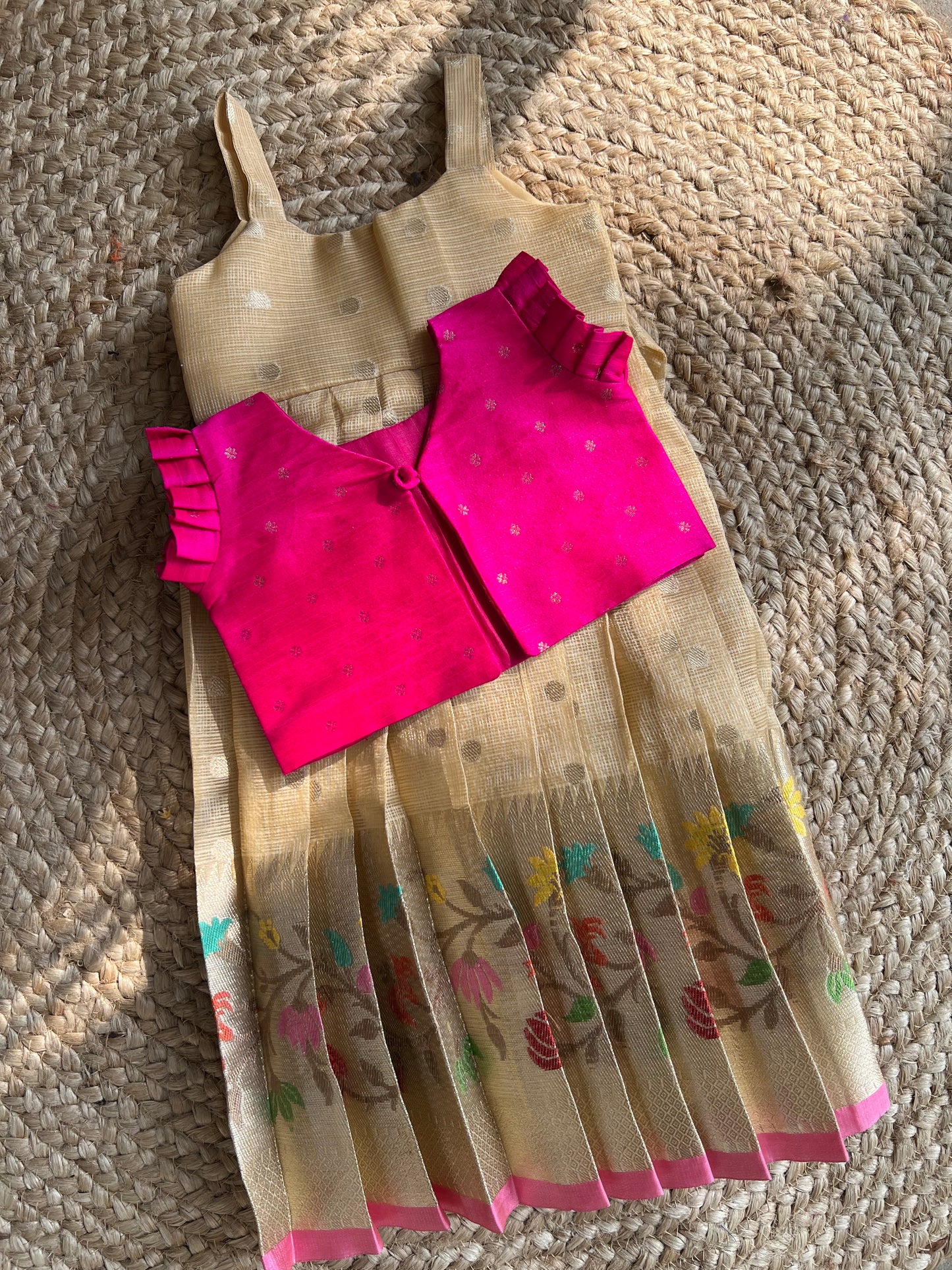 Beige Gold with Multicolour Floral Border & fluorescent Pink Jacket