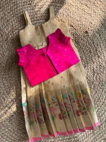 Beige Gold with Multicolour Floral Border & fluorescent Pink Jacket