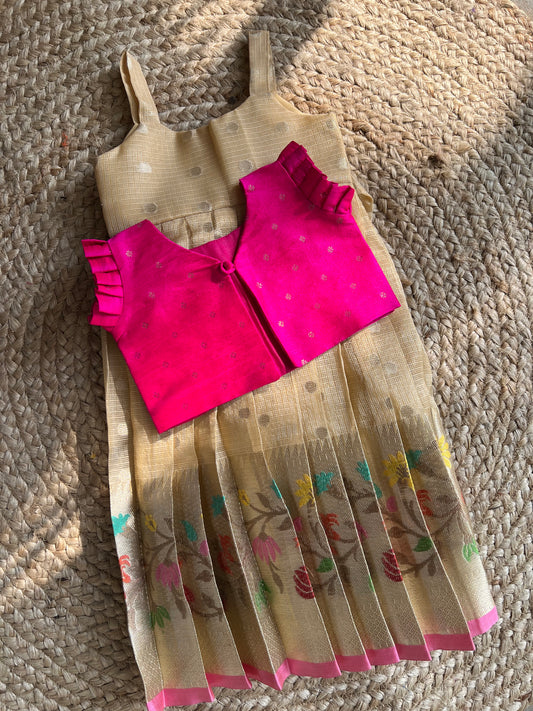 Beige Gold with Multicolour Floral Border & fluorescent Pink Jacket
