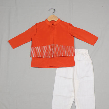 Orange Raw Silk Kurta Set with Banarasi  Jacket