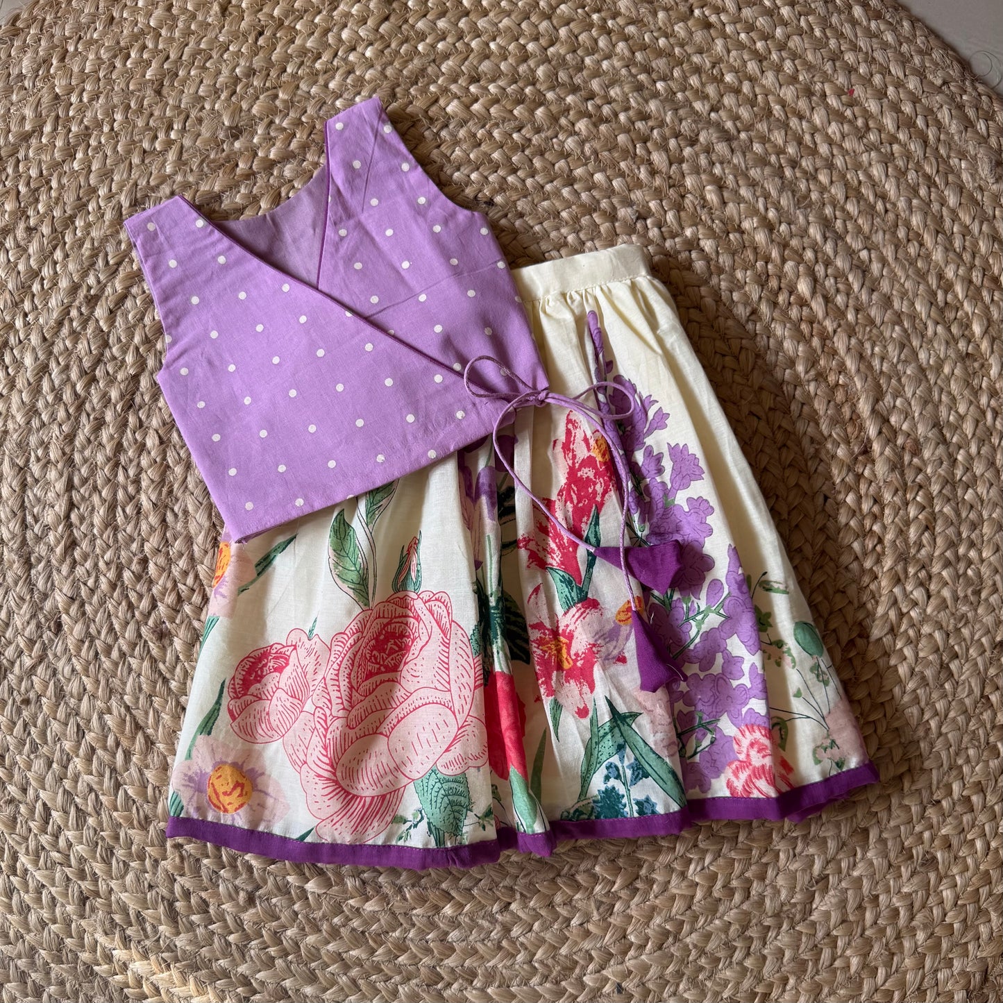 Mul Cotton Lavender Polka Dot  Blouse & Floral  Lehenga Set