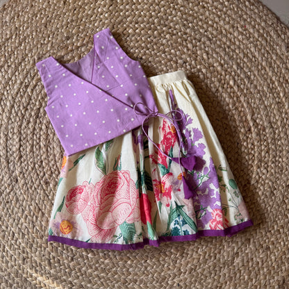 Mul Cotton Lavender Polka Dot  Blouse & Floral  Lehenga Set