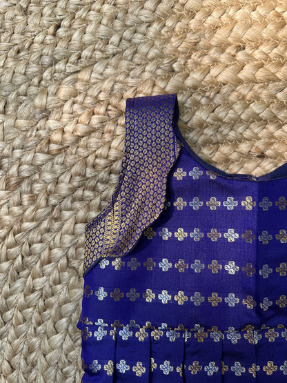 Royal Blue Benarasi Silk Scallop Shoulder Pleated Frock