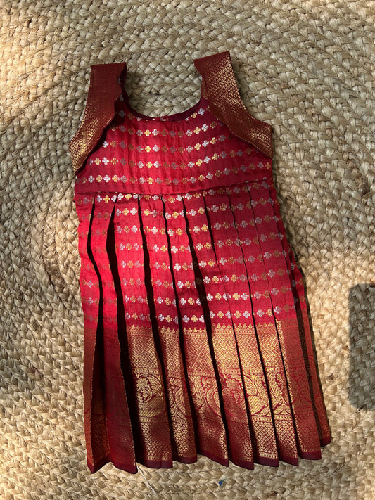 Maroon Benarasi Silk Scallop Shoulder Pleated Frock