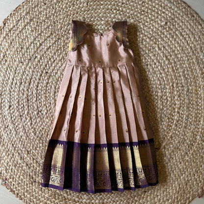 Chikoo Semi Silk Benarasi Frock with Meenakari Woven Butties & Purple Border