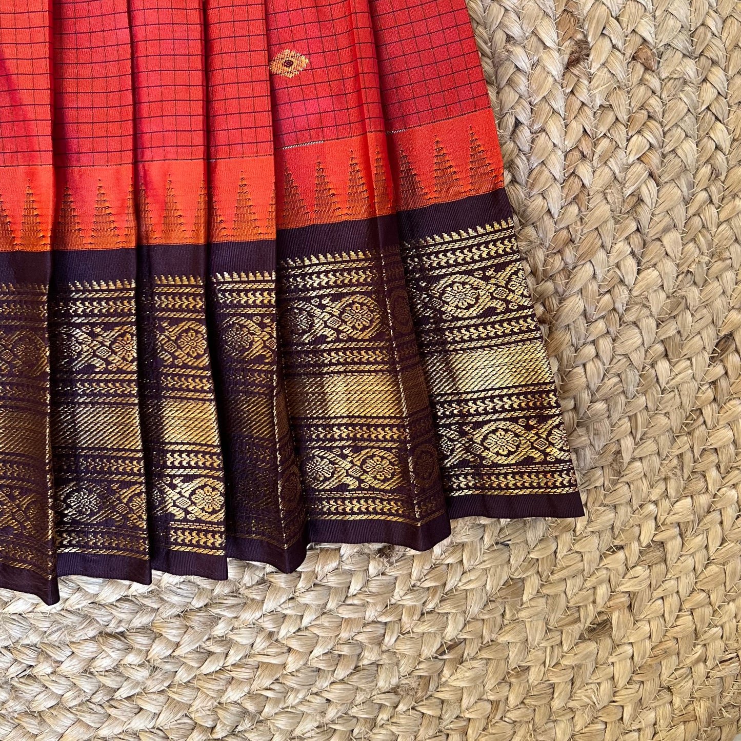 Brick Red and Brown Gadwal Silk Lehanga Set