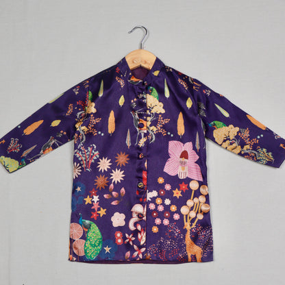 Navy Blue Printed Tussar Silk Kurta Set