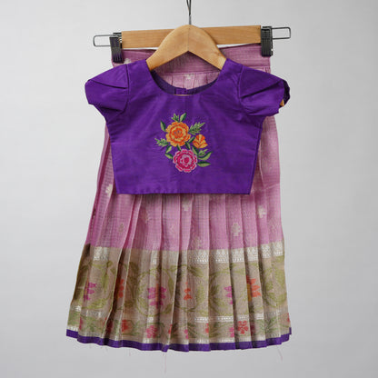 Rose Pink and Lavender Zari Kota Festive Lehenga with Embroidered Blouse