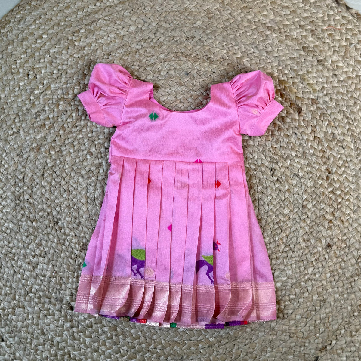 Pink Khadi Raw Silk Girls Frock with Meenakari Peacock Zari