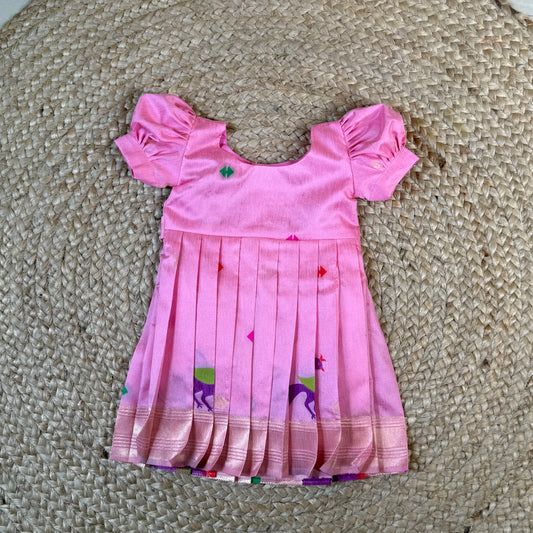Pink Khadi Raw Silk Girls Frock with Meenakari Peacock Zari