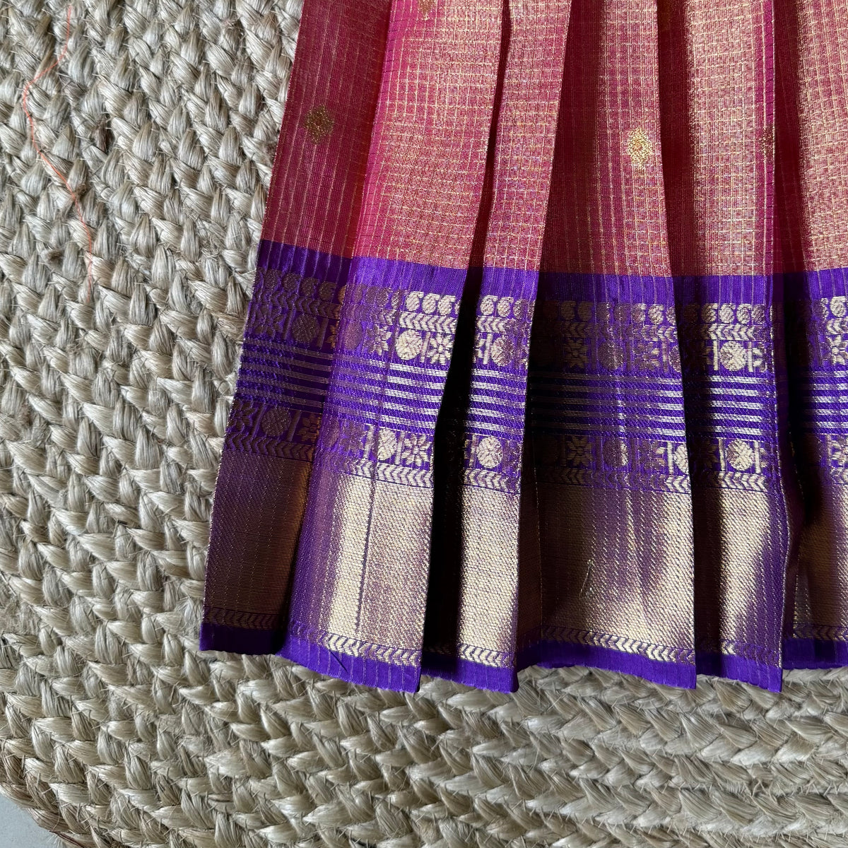 Orange Pink Tissue semi silk lehenga set with contrast purple border