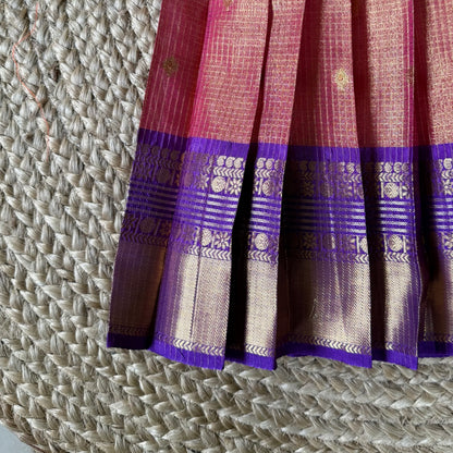 Orange Pink Tissue semi silk lehenga set with contrast purple border